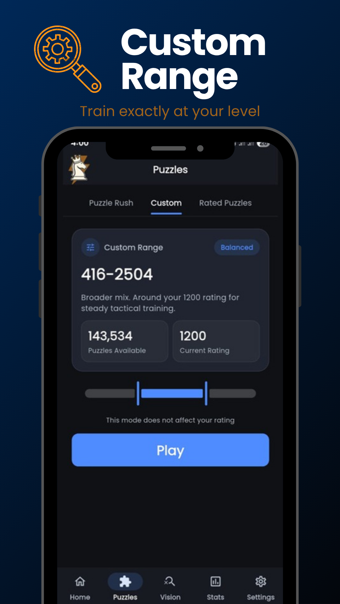 TacticMax custom chess puzzle rating range controls
